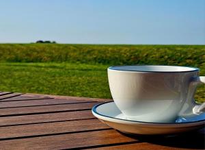 a coffee cup on a table with a field in the background at HaRE Ferienwohnungen Käptn Magda in Langeneß +28 photos