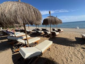a group of chairs and umbrellas on a beach at Hostal Paco Marbella in Marbella