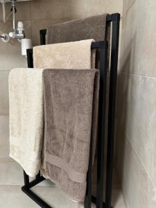 a towel rack with three towels on it in a bathroom at Ferienwohnung Strohblume 2 in Rust