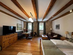 a living room with a couch and a flat screen tv at Ferienwohnung Strohblume 2 in Rust