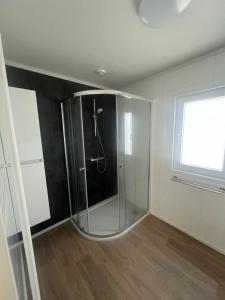 a glass shower in a room with a window at Green Flower in Renesse +2 photos