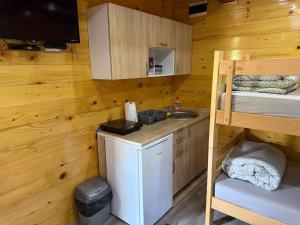 a kitchen with a sink and a bunk bed in a cabin at Etnokutak Milojevic in Paraćin