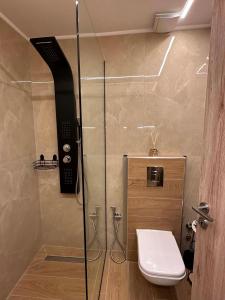 a bathroom with a shower with a toilet and a phone at Prime 27 Luxury Studio in Lavrio +20 photos