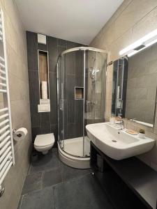 a bathroom with a shower and a sink and a toilet at Otta Apartments Golte in Mozirje