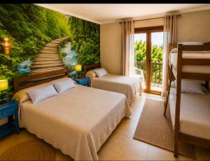 a bedroom with two beds and a painting of a staircase at Hostal Bernareggi in Cala Figuera