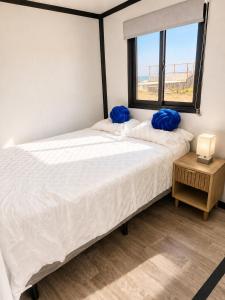 a bedroom with a bed with blue pillows on it at Oceanfront Villa, Punta Mango in Jucuarán