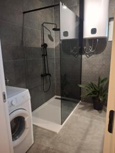 a shower stall in a bathroom with a washing machine at Apartmani Agard in Brodarica +46 photos