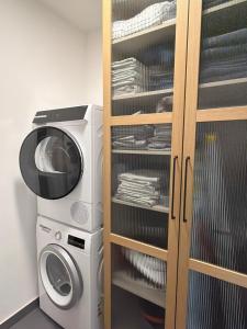 a washing machine and a dryer in a room at Riverside Furth in Furth