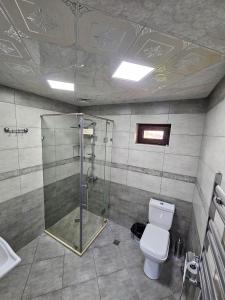 a bathroom with a shower and a toilet at Rifah Hotel in Qusar