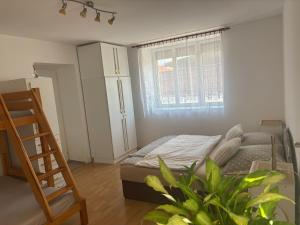 a bedroom with a bed and a ladder and a plant at Grand House in Štúrovo