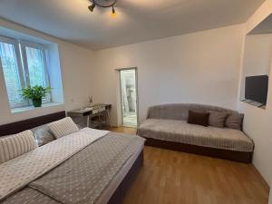 a bedroom with a bed and a couch and a tv at Grand House in Štúrovo
