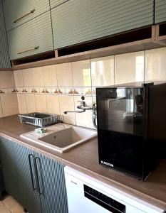 a kitchen counter with a microwave and a sink at Dubai Apartment I in Veternik +8 photos