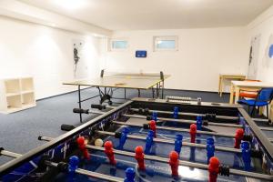 a room with a ping pong table and balls on the floor at TRA7c Ferienwohnung Kossmann in Niendorf