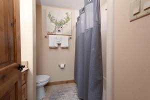a bathroom with a shower with a blue shower curtain at East Rim - Unit C12 in Durango +20 photos