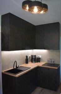 a kitchen with black cabinets and a sink at Apartament Antracytowe Wrota 3 in Boguszów-Gorce +3 photos