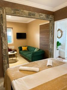 a living room with a green couch and a bed at Dubai Apartment I in Veternik