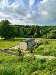 a smallshed in the middle of a field at Lintmill Lodges - Thistle Shepherds Hut in Sorn
