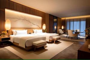 a bedroom with a large bed and a desk at Hotel Elysian By G K Group Near IGI Delhi Airport in New Delhi