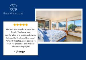 a bedroom with a bed and glass windows at Sea Meadow - Panoramic Ocean View in Sea Ranch