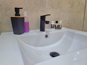 a bathroom sink with a faucet and bottles on it at 49 Sannaspos in Bloemfontein
