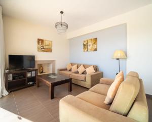 a living room with a couch and a tv at Villa Joya by Villa Select in Skala