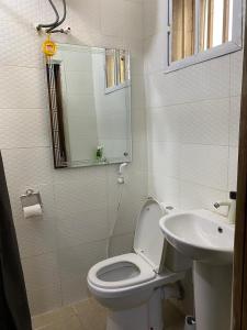a bathroom with a toilet and a sink and a mirror at Elected Apartments in Iseri-Oke