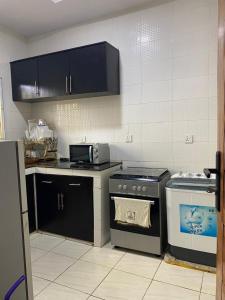 a kitchen with black cabinets and a stove top oven at Elected Apartments in Iseri-Oke