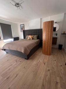 ein Schlafzimmer mit Bett und Deckenventilator in der Unterkunft Studio CENTRAL 156 in Boussu