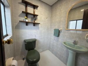 a bathroom with a green toilet and a sink at Vereda San Jorge Chalet in Zipaquirá