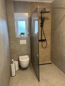 a bathroom with a shower and a toilet and a window at Apartman LaVida in Kaštela +10 photos