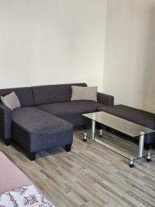 a living room with a couch and a coffee table at Seventeen -Apartament la casa in Arad