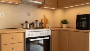 a kitchen with two pots on top of a stove at Kalamata Deluxe Suite By AGGELOS in Kalamata
