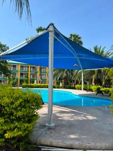 a blue umbrella in front of a swimming pool at Hotel Virrey in Reynosa