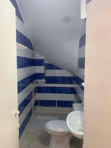 a blue and white bathroom with a toilet and a sink at Nadia Babay in Dar Salah Bey