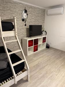 a room with a bunk bed and a television at 2 Zimmer Apartment am Europapark - auf Wunsch klimatisiert für 10,-Aufpreis pro Nacht in Rust