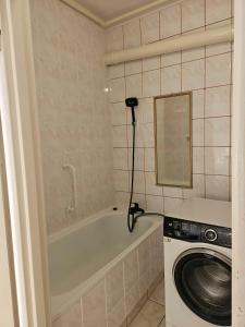 a bathroom with a washing machine next to a bath tub at Brzęczki Apart 2 in Mysłowice