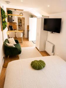 a living room with a bed and a television on a wall at La Cachette - Studio Nature - Terrasse Privée in Corbeil-Essonnes