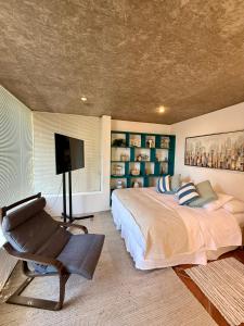 a bedroom with a bed and a chair and a television at Hotel Green en Marbella in Maitencillo