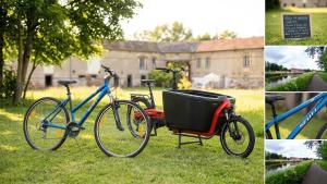 three different pictures of bikes parked in the grass at le relais Perrusson, Bed and breakfast et camping à la tuilerie in Écuisses