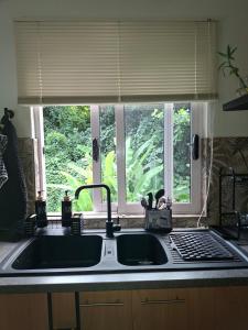 a kitchen sink in front of a window with a window blind at Kot Ory Mountain View Studio in Moka +5 photos