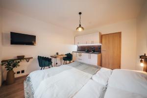 a bedroom with a bed and a kitchen with a table at Apartmán NIC VÍC in Loučná nad Desnou