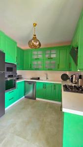 a green kitchen with green cabinets and a chandelier at Bozburunvillas in Bozburun