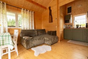 a living room with a couch and a kitchen at Domki Pod Sudeckim Niebem in Duszniki Zdrój