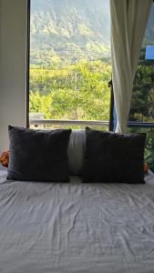 a bed with two pillows in front of a window at CASA HOTEL COCORNa in Cocorná