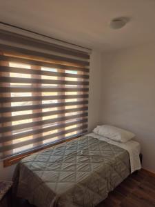 a bedroom with a bed and a window with blinds at Los Olivos del Colibri in Tambillos