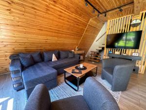 a living room with a couch and two chairs and a tv at Cabana Luminis in Râşnov