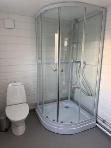 a bathroom with a shower and a toilet at Ylserod Camping in Strömstad +40 photos