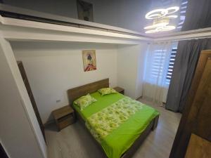 a bedroom with a bed with a green comforter at Apartament Eduard in Techirghiol