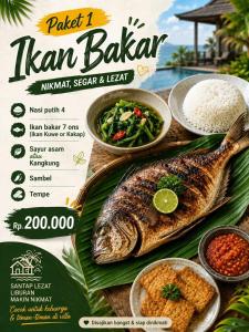a flyer for a restaurant with a fish and rice at Palm Cozy Villa 4 in Pasauran