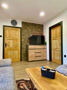a living room with a tv and a couch and a table at Apartmans Lars in Rečica ob Savinji